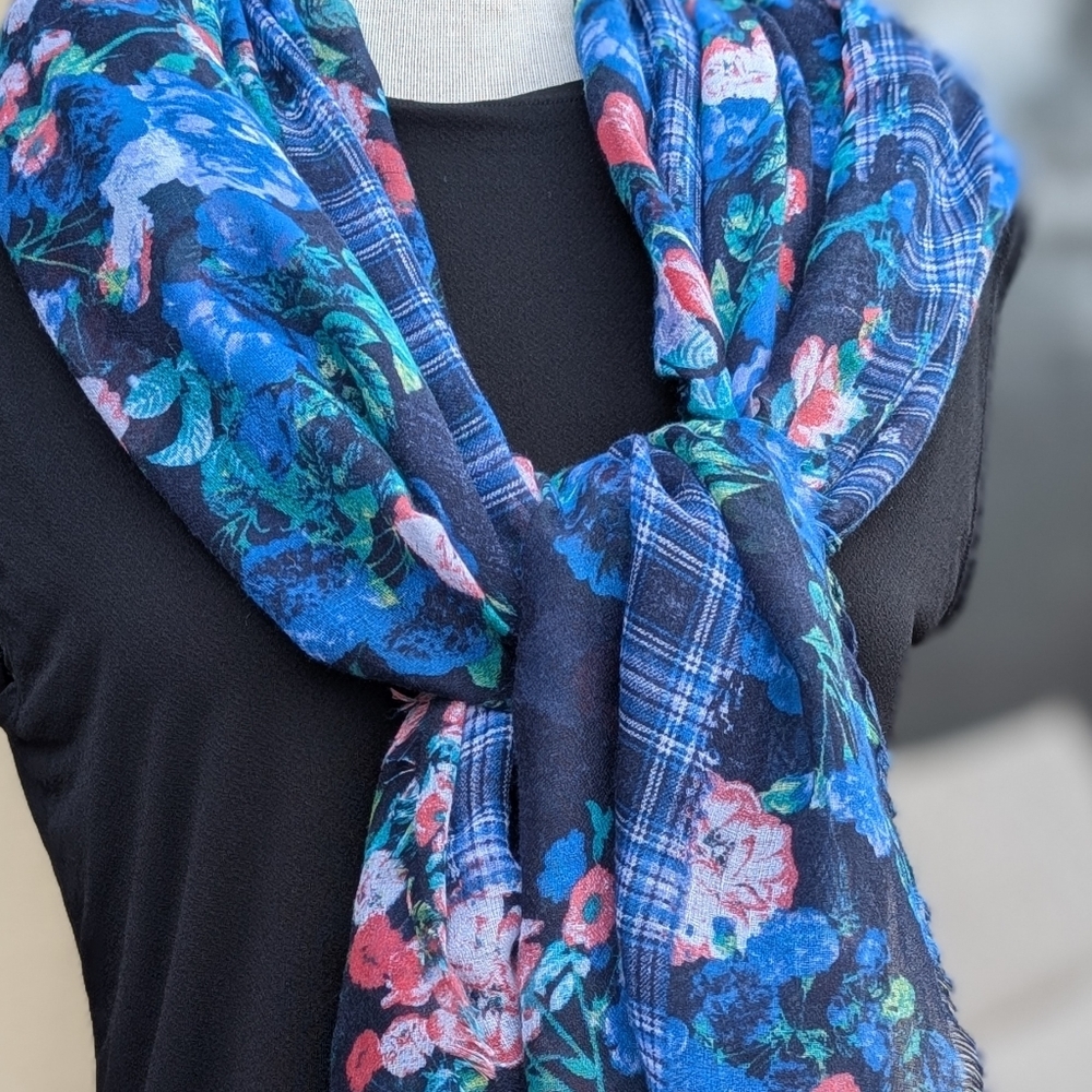 Blue Plaid And Floral Large Lightweight Summer Scarf Wrap